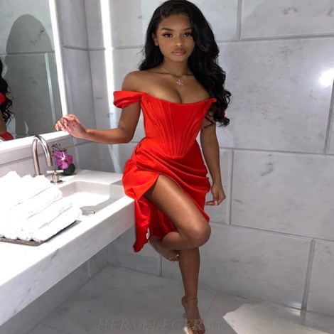 Herve Leger Red Bardot Structured Draped Satin Dress