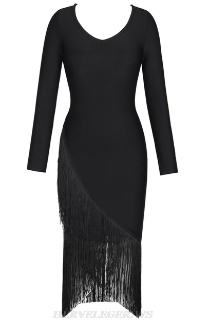 Herve Leger Black Long Sleeve Asymmetric Tassel Dress