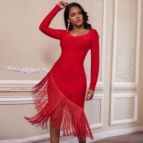 Herve Leger Red Long Sleeve Asymmetric Tassel Dress Herve Leger Red Long Sleeve Asymmetric Tassel Dress