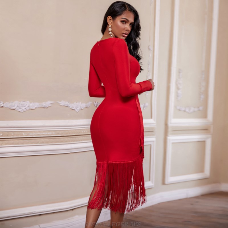 Herve Leger Red Long Sleeve Asymmetric Tassel Dress