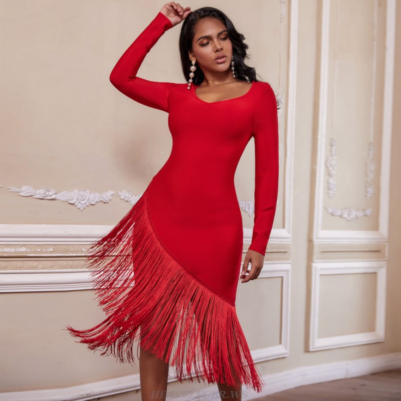 Herve Leger Red Long Sleeve Asymmetric Tassel Dress