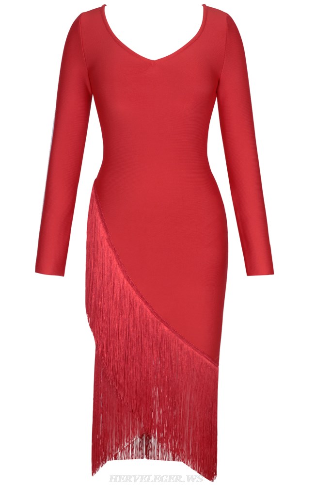 Herve Leger Red Long Sleeve Asymmetric Tassel Dress