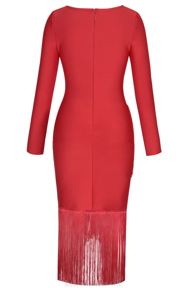 Herve Leger Red Long Sleeve Asymmetric Tassel Dress