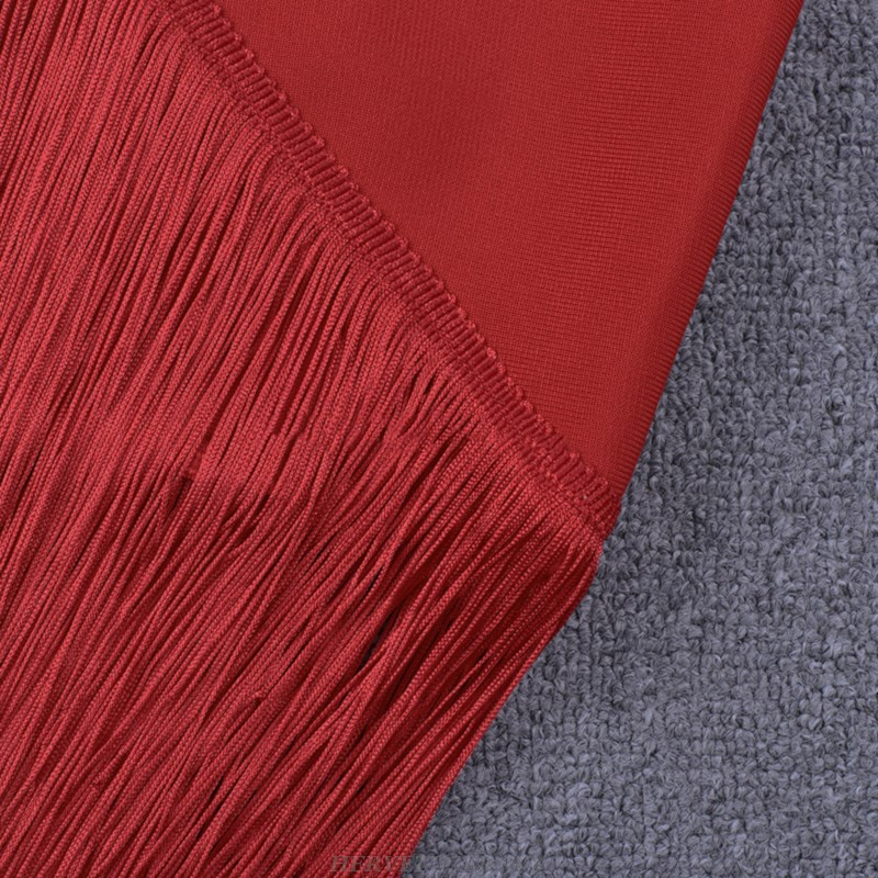 Herve Leger Red Long Sleeve Asymmetric Tassel Dress