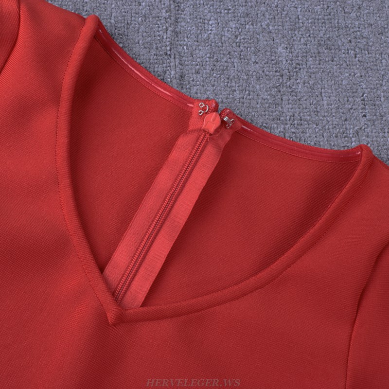 Herve Leger Red Long Sleeve Asymmetric Tassel Dress