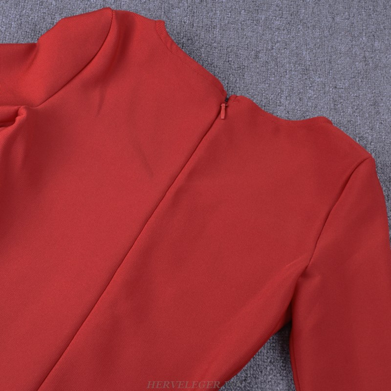 Herve Leger Red Long Sleeve Asymmetric Tassel Dress