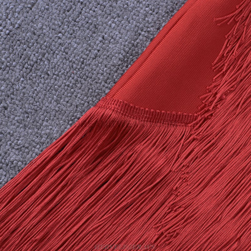 Herve Leger Red Long Sleeve Asymmetric Tassel Dress