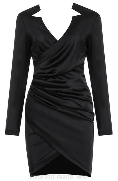 Herve Leger Black Long Sleeve Cross Over Ruched Satined Dress