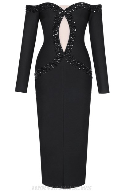 Herve Leger Black Long Sleeve Embellished Bardot Dress