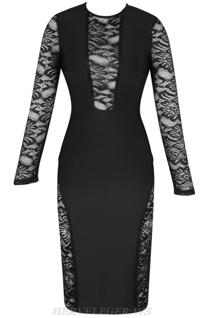 Herve Leger Black Long Sleeve Lace Dress