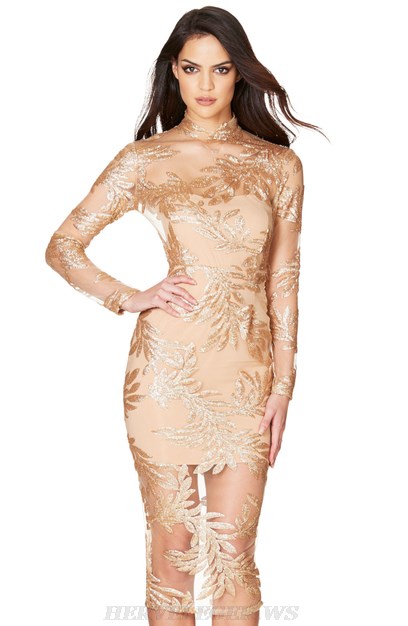 Herve Leger Nude Gold Long Sleeve Lace Dress