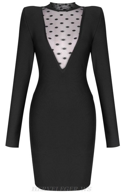 Herve Leger Black V Neck Long Sleeve Mesh Dress