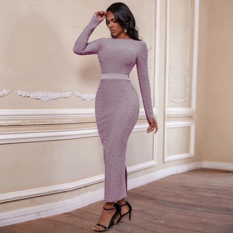 Herve Leger Lavender Long Sleeve Pearl Dress Herve Leger Lavender Long Sleeve Pearl Dress