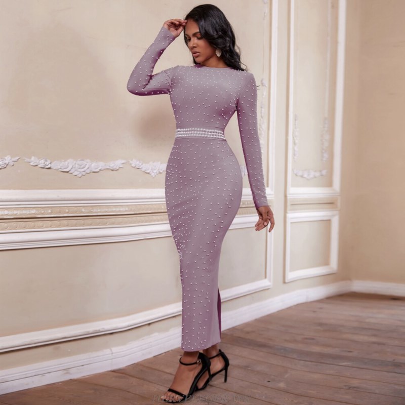Herve Leger Lavender Long Sleeve Pearl Dress