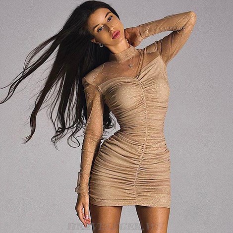 Herve Leger Nude Long Sleeve Ruched Mesh Dress