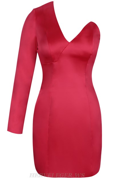 Herve Leger Red One Sleeve Bardot Satin Dress
