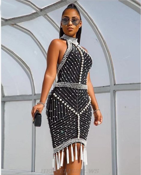 Herve Leger Black Pearl Embellished Backless Dress