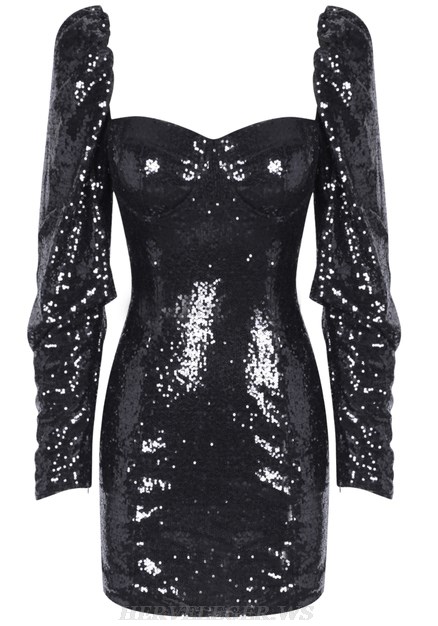 Herve Leger Black Puff Sleeve Sequin Dress