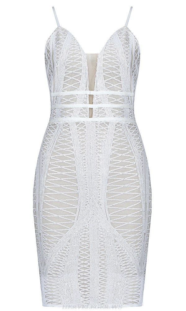 Herve Leger White Nude Sequin Dress