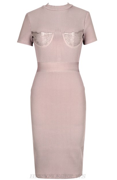 Herve Leger Nude Short Sleeve Lace Ribbed Dress