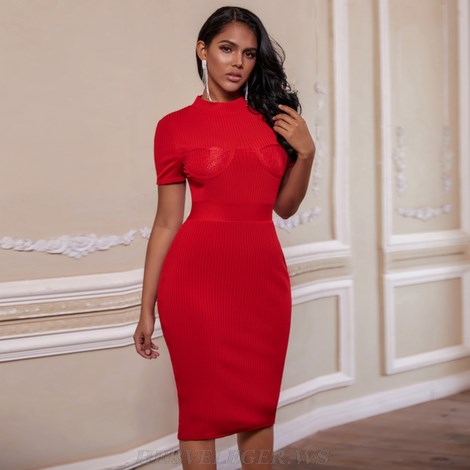 Herve Leger Red Short Sleeve Lace Ribbed Dress