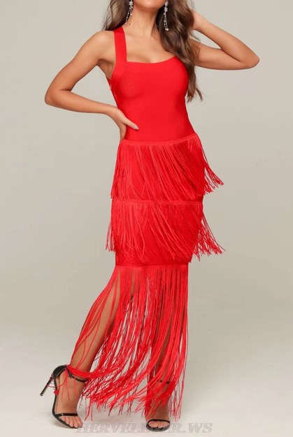 Herve Leger Red Tassel Gown