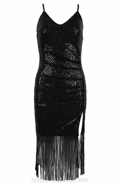 Herve Leger Black Tassel Sequin Dress