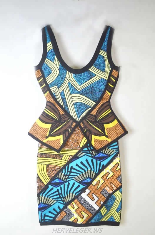HERVE LEGER COLOR BLOCK TRIBAL JACQUARD BANDAGE DRESS