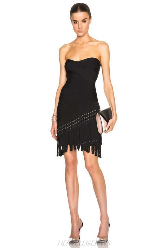 HERVE LEGER BLACK STRAPLESS RIVET TASSELS DRESS