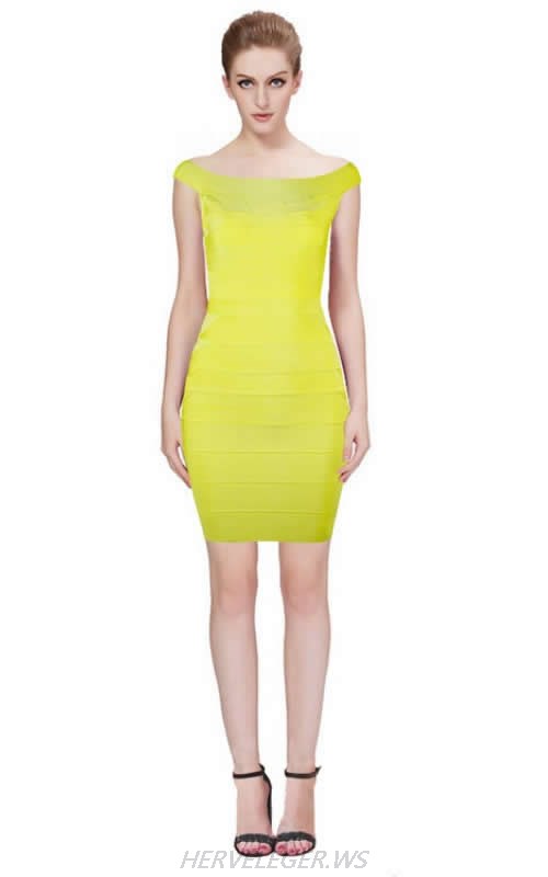 HERVE LEGER YELLOW BOAT NECK DRESS