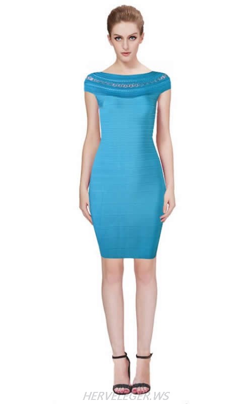HERVE LEGER BLUE BOAT NECK SLEEVELESS DRESS