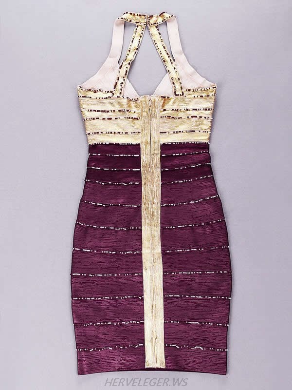HERVE LEGER GOLD AND PURPLE COLOR BLOCK HAND BEADED BANDAGE DRESS
