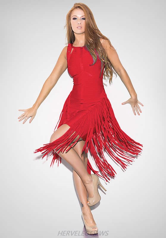 HERVE LEGER ROUND NECK FRINGE BANDAGE DRESS HERVE LEGER ROUND NECK FRINGE BANDAGE DRESS