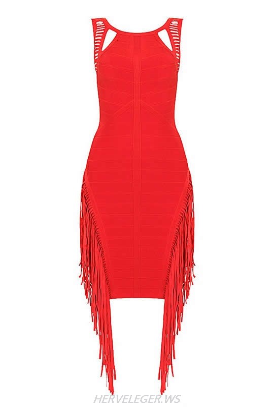 HERVE LEGER ROUND NECK FRINGE BANDAGE DRESS