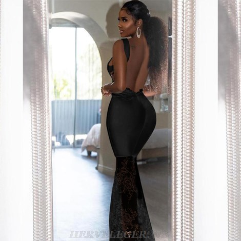 Herve Leger Black Backless Lace Gown