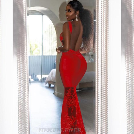 Herve Leger Red Backless Lace Gown
