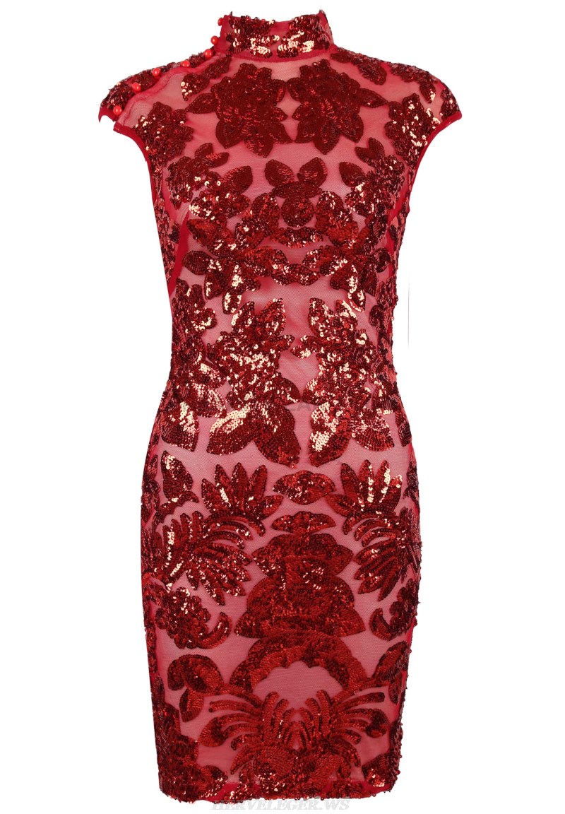 Herve Leger Red Cap Sleeve Sequin Dress