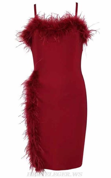 Herve Leger Dark Red Feather Detail Dress