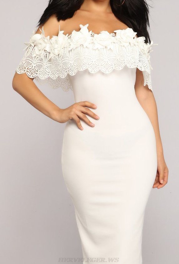 Herve Leger White Floral Lace Bardot Dress
