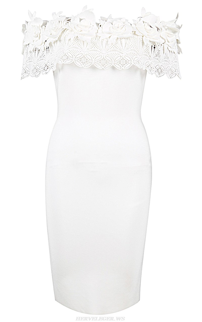 Herve Leger White Floral Lace Bardot Dress