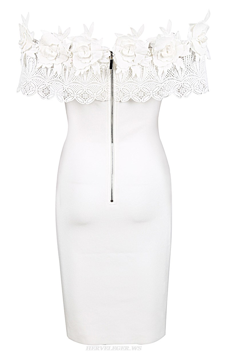 Herve Leger White Floral Lace Bardot Dress