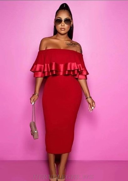 Herve Leger Red Frill Bardot Dress