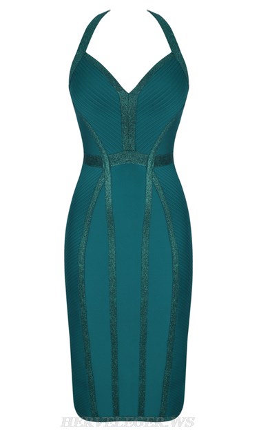 Herve Leger Green Halter Sparkly Dress