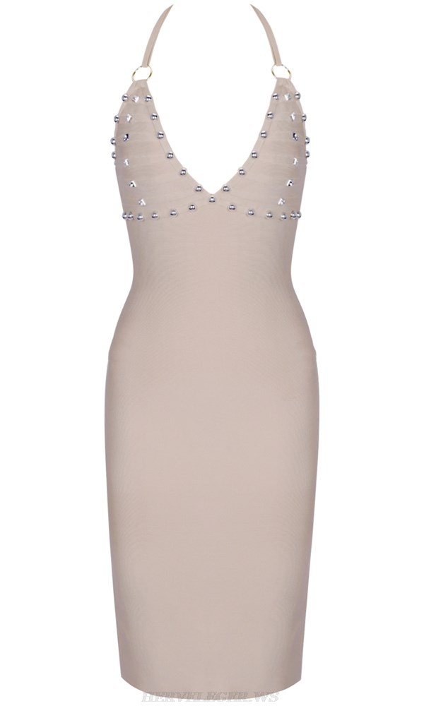 Herve Leger Nude Halter Studded Dress