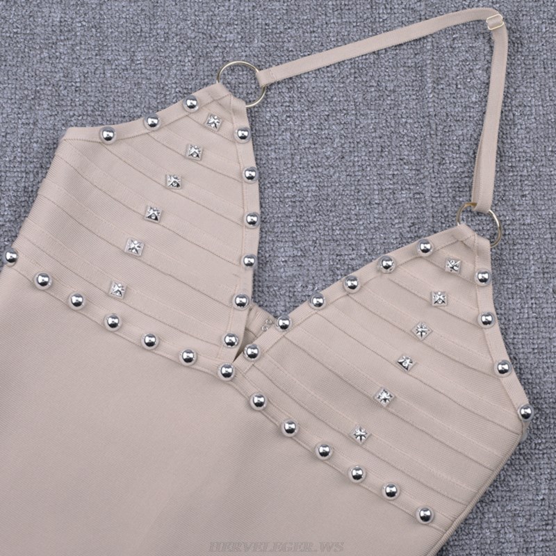 Herve Leger Nude Halter Studded Dress