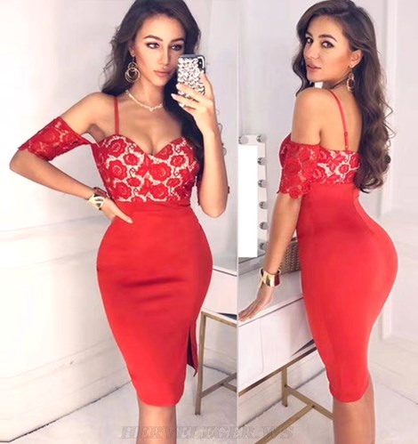 Herve Leger Red Lace Bardot Dress Herve Leger Red Lace Bardot Dress