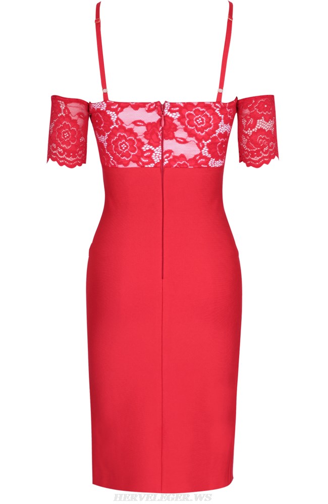 Herve Leger Red Lace Bardot Dress