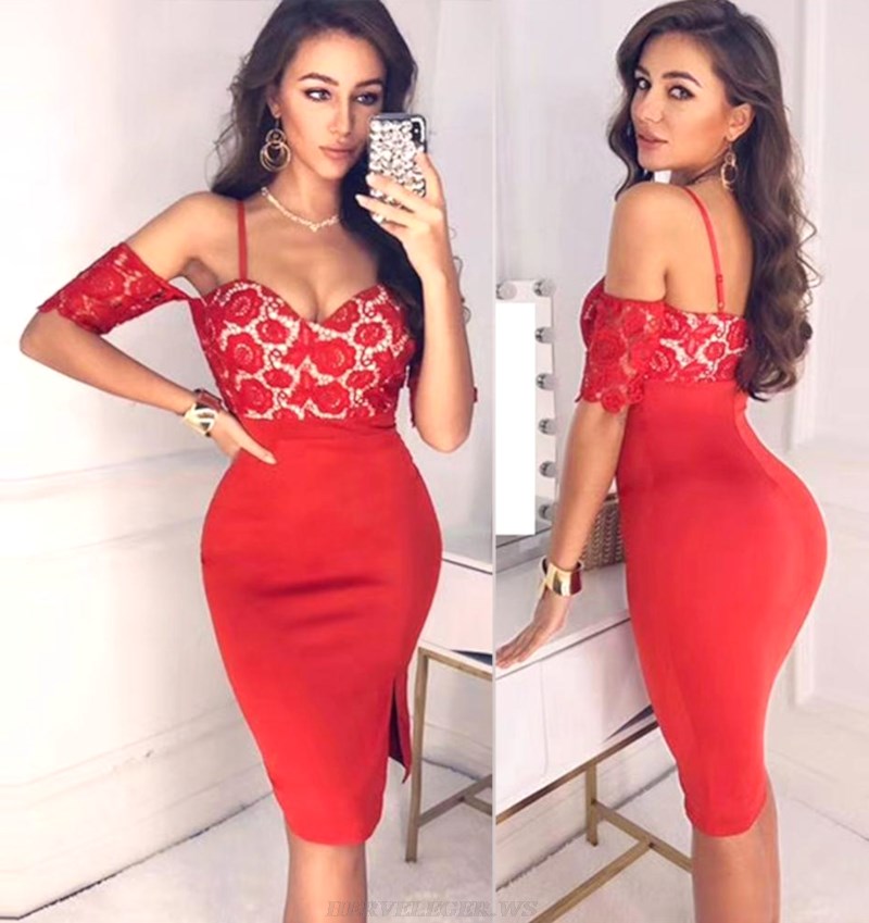 Herve Leger Red Lace Bardot Dress