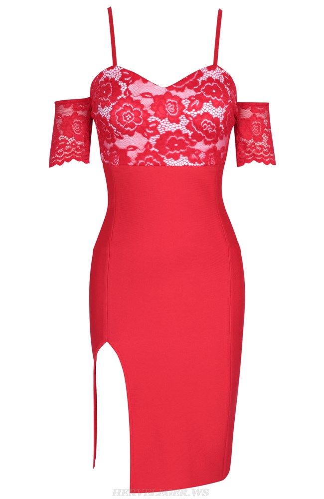Herve Leger Red Lace Bardot Dress