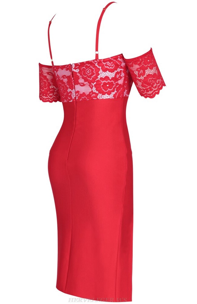 Herve Leger Red Lace Bardot Dress
